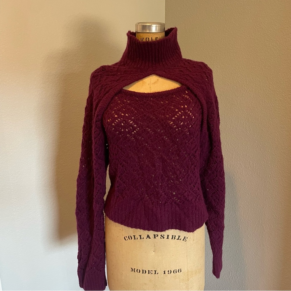 NAADAM Wine Burgundy Cutout Cable Knit Sweater